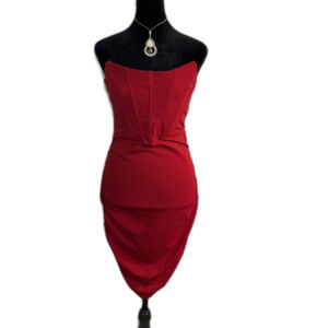Windsor Red Strapless Corset Mini Dress — Ruched Bodycon, Draped Hem, NWOT